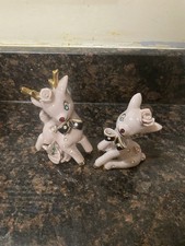 Vintage Wales Ceramic Pink Reindeer Rhinestones Made in Japan Kitsch Set of 2 picture