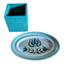 Mid Century 60s Lot Kitchen Franciscan Aqua Planter Floral Oval Trinket Dish Set picture