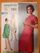 1965 Simplicity#7193Miss Sz12/32B A-Line Dress W/ Frnt Seam Interest Roll Collar picture
