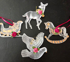 Set of 4 Vtg Victorian Christmas Ornaments Frosted Acrylic Deer Horse Dove Sled picture