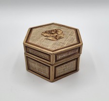 Vtg Hexagonal Bamboo Rattan & Wicker Trinket Box ~ Red Felt Lining 3.25