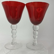 Perfect Ruby Red Hand Blown Glass Wine Goblets Clear Stems Set of 2 Seasonal picture