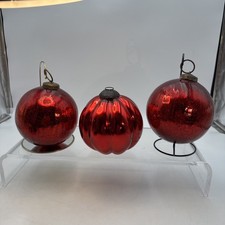 3 Heavy Glass 6” Red Kugel Christmas Ornaments - 2 Crackle & 1 Ribbed picture
