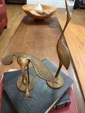 Vintage Pair Brass Crane Heron Egret Bird Figurines Statues MCM Coastal Decor picture