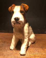 ANTIQUE CERAMIC  WHITE & BROWN WIRE FOX TERRIER  FIGURINE 9 1/2''  TALL  , MINT picture