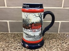 Budweiser Beer Mug Holiday Stein 1990 An American Tradition Christmas Clydesdale picture
