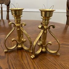 Pair Vintage Solid Brass Scroll Candle Holders Footed Globe/candle 8” picture