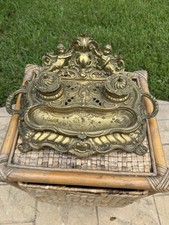 Antique Victorian Heavy Bronze/Brass Double Inkwell Letter Stand Desk Set C 1900 picture