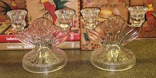 Pair of Jeannette Iris & Herringbone Clear Double Glass Candlestick Holders picture