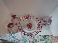 Vintage Westmoreland Glass Paneled Grape 5pc Console Set Ruby Flash Lid picture