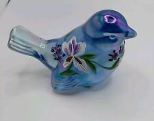Fenton Blue Carnival Glass Bird  Hand Painted Flowers Signed Excellent Condition picture