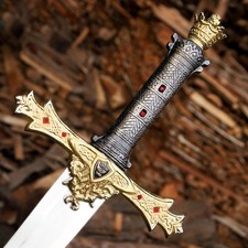 King Arthur Excalibur Sword Handmade Gold Medieval Templar Knight LOTR W Sheath picture