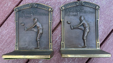 ANTIQUE C.J.O. JUDD BRONZE FOOTBALL BOOKENDS LEATHER HELMET KICKER NICE SHAPE picture