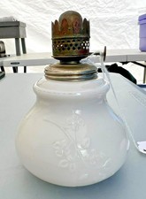 Vintage White Kerosene Oil Lamp Milk Glass Etched Flowers picture