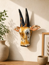 Handcrafted Wooden Tribal Cow Head – White & Yellow Rust Antique Finish picture