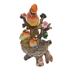 Mid Century Japan Waxwing Glazed Ceramic Porcelain Mother & Nesting Chicks picture