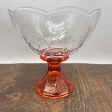 Clear Glass Beaded Sherbet Dessert Dishes with orange Stem Scalloped Rim Top picture