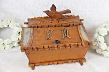 Antique French art nouveau 1900 Wood carved Wedding box Gift initials F M bird  picture