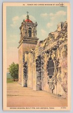 Mission San Jose Tower Carved Window 1941 Postcard San Antonio Texas Linen picture