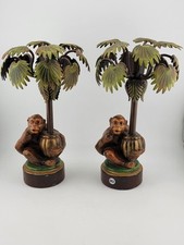 VTG Pr. PETITES CHOSES Monkey Palm Tree Hand Painted Metal TOLEWARE Candlesticks picture