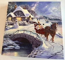 Disney Parks Mickey & Minnie Mouse Snow Cottage Sleigh Canvas Kinkade 13x14” picture