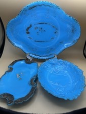 Antique Dithridge Blue Milk Glass Vanity Set 3pc Dresser Trays Platter Victorian picture