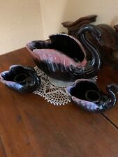 Vintage Artmark Japan Pink Drip Swan Candy Dish & Candle Holders Red Ware picture