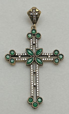 Vintage Large Byzantine Style Cross with Green and Crystal Gems picture