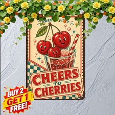 Cute Smiling Cherries Poster Distressed Fruit Market Sweet Metal Tin Sign picture
