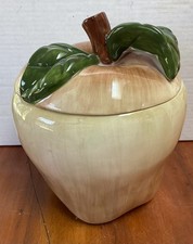 Vintage Green Leaf Ceramic Apple Cookie Jar Leaf Lid Farmhouse Kitchen Decor 10