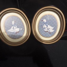 Vtg 1985 Homco Country Duck Set 2 Gold Oval Frames Blue White Goose Cottage Core picture