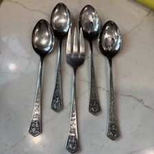 Vtg Oxford Hall Queens Tapestry ROSES Stainless Serving Slotted Spoon Fork picture