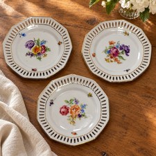Vintage Schumann Bavaria Reticulated Floral Plates 4.75 Inch Gold Trim Set of 3 picture