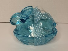 Aqua Blue Bunny Rabbit Candy Dish With Bunny Sitting On Basket picture