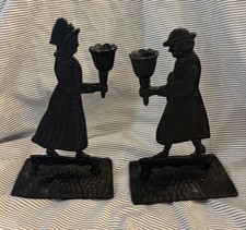 Pair Of Antique Cast Iron Quaker Colonial Candle Holders 9” Tall picture