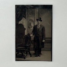 Antique Tintype Full Length Man Bowler Hat Victorian Portrait 1/6 Plate picture