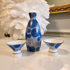 Japanese Blue & White Sake Set Carafe Bottle with 2 Footed Cups picture