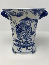 Vintage Oriental Porcelain Hear No Speak No Evil Monkey Blue White Vase picture