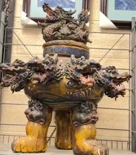 VINTAGE LARGE CERAMIC 9 CARVED DRAGON HEADS INCENSE BURNER-20