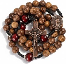 Olive Beads & Dark Red Wood Mystery Bead Rosary Necklace with Miraculous Medal picture