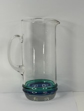 Vintage Art Glass Pitcher 10” Clear Glass Blue Green Cased Base Modernist picture