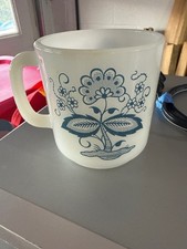 Vintage-Style Cream Glass Coffee Mug Blue Floral Pattern picture