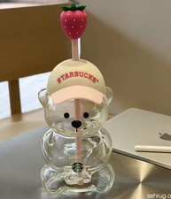 New 20OZ Starbucks Bearista Bear Cup Tumblers W/ Strawberry Topper Baseball Cap picture