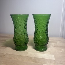 Vintage 1950s MCM Emerald Green Hoosier Crinkle Glass Vase Pair picture