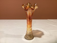 Vintage Carnival Glass Ripple  Ruffle Edge Marigold Iridescent Vase - 10.25” picture