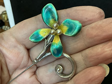 Antique Sterling Poured Enamel Pansy w/Pearls Art Nouveau Sticker Pin picture