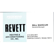 Fedders Revett HVAC Bill Marcum Corpus Christi TX Vintage Business Card SD4-B1 picture