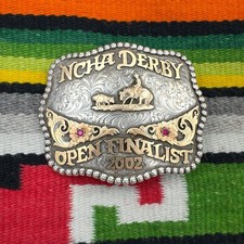 VTG 2002 Gist USA Hand Engraved NCHA Trophy Buckle Sterling Overlay 1/10 10K picture