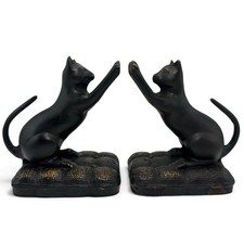Vintage Cast Iron Black Cat Bookends Pair Stretching Cats on Cushion Figurine picture