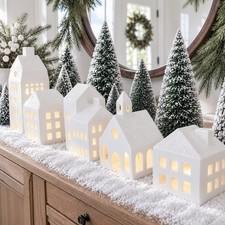 Charming White Ceramic Christmas Village - 5 Houses & 9 Mini Trees for Mantels picture